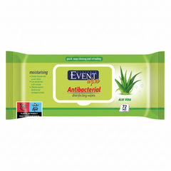 Event Antibacterial Wet Wipes with Aloe Vera, 72 pcs, showing moist wipes in packaging with aloe vera illustration.