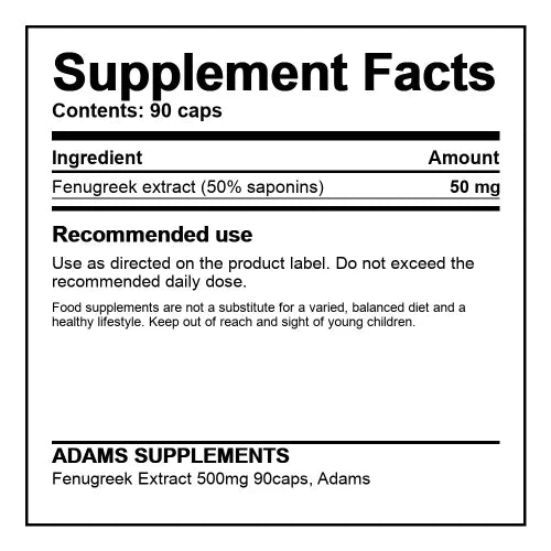 Adams Supplements Fenugreek Extract 50 mg capsules, showing a single capsule and the supplement bottle on a white background.