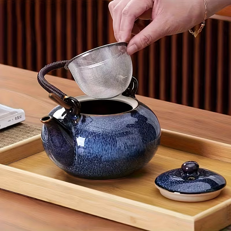 Japanese kiln-glazed porcelain tea set with 6 dark blue cups and teapot with filter, crafted by TEMU for elegant tea drinking.