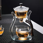 Borosilicate glass gongfu tea set with lazy style teapot and suction brewing features, designed by TEMU for elegant tea preparation.