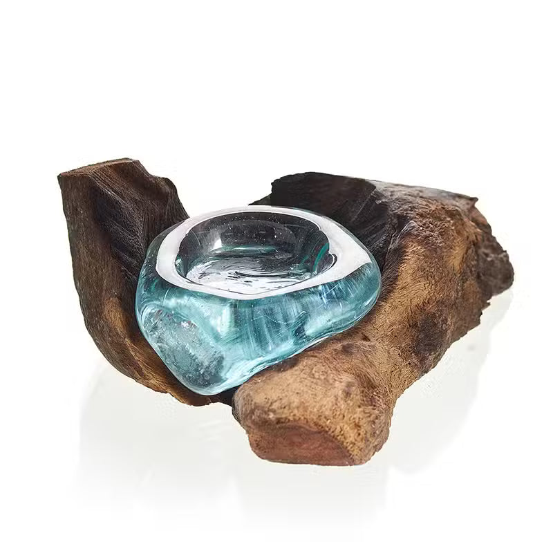 Handcrafted Molten Glass Candle Holder on Natural Gamal Wood