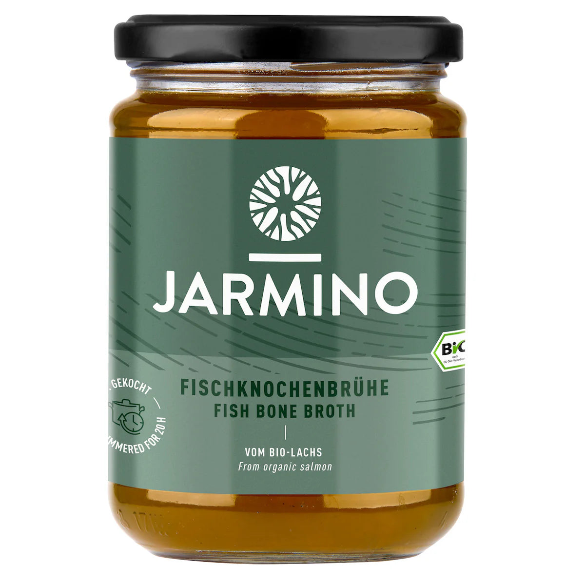 Jarmino organic salmon fish bone broth in a 350ml jar, featuring salmon collagen and minerals, served in a clear glass jar.