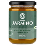 Jarmino organic salmon fish bone broth in a 350ml jar, featuring collagen-rich salmon and mineral broth with visible fish bones inside.