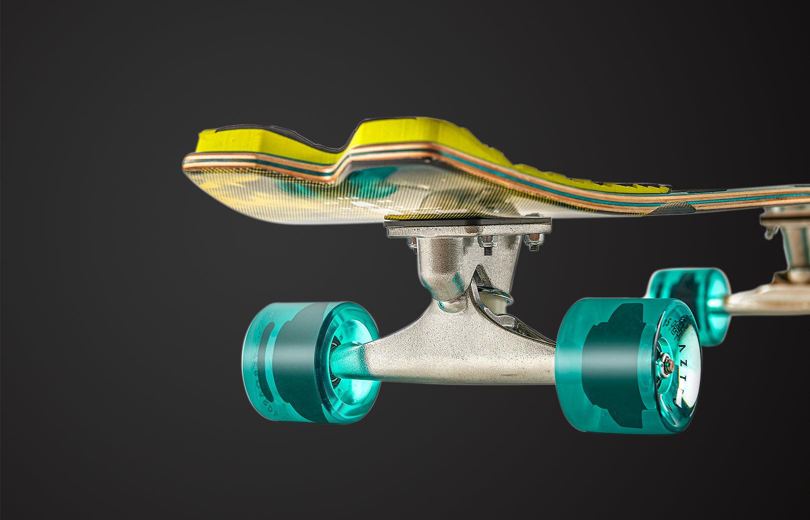 Viking Fitness Forest 34" surfskateboard with wooden deck and artistic forest design, suitable for carving and cruising.