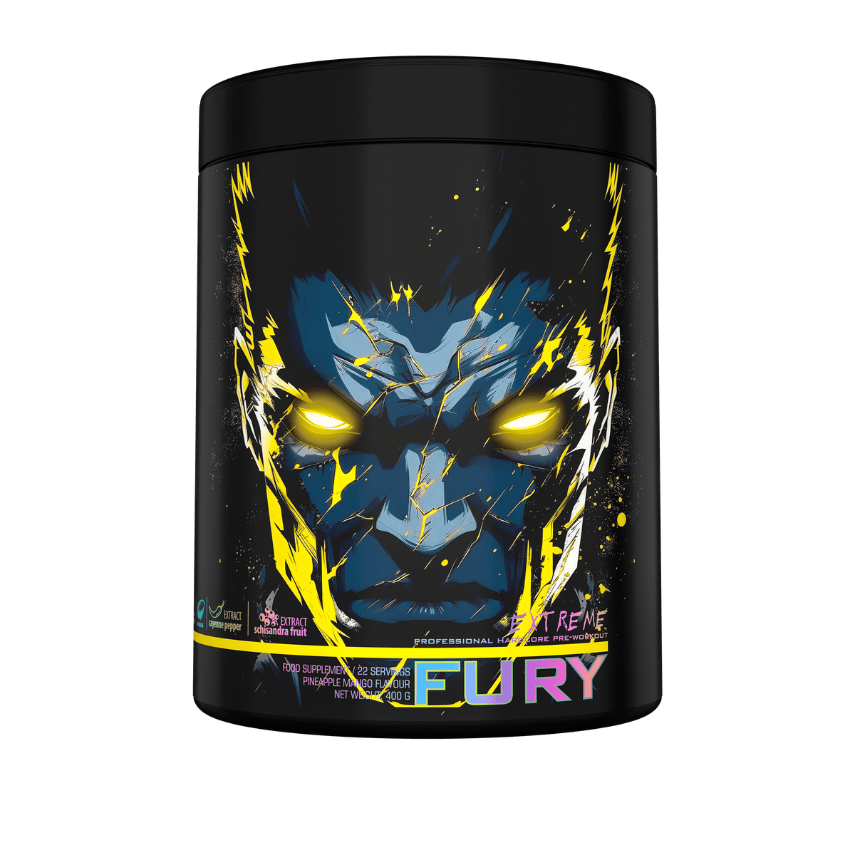 Fury Extreme energy food supplement by Genius Nutrition in mango pineapple flavor, 400g package.
