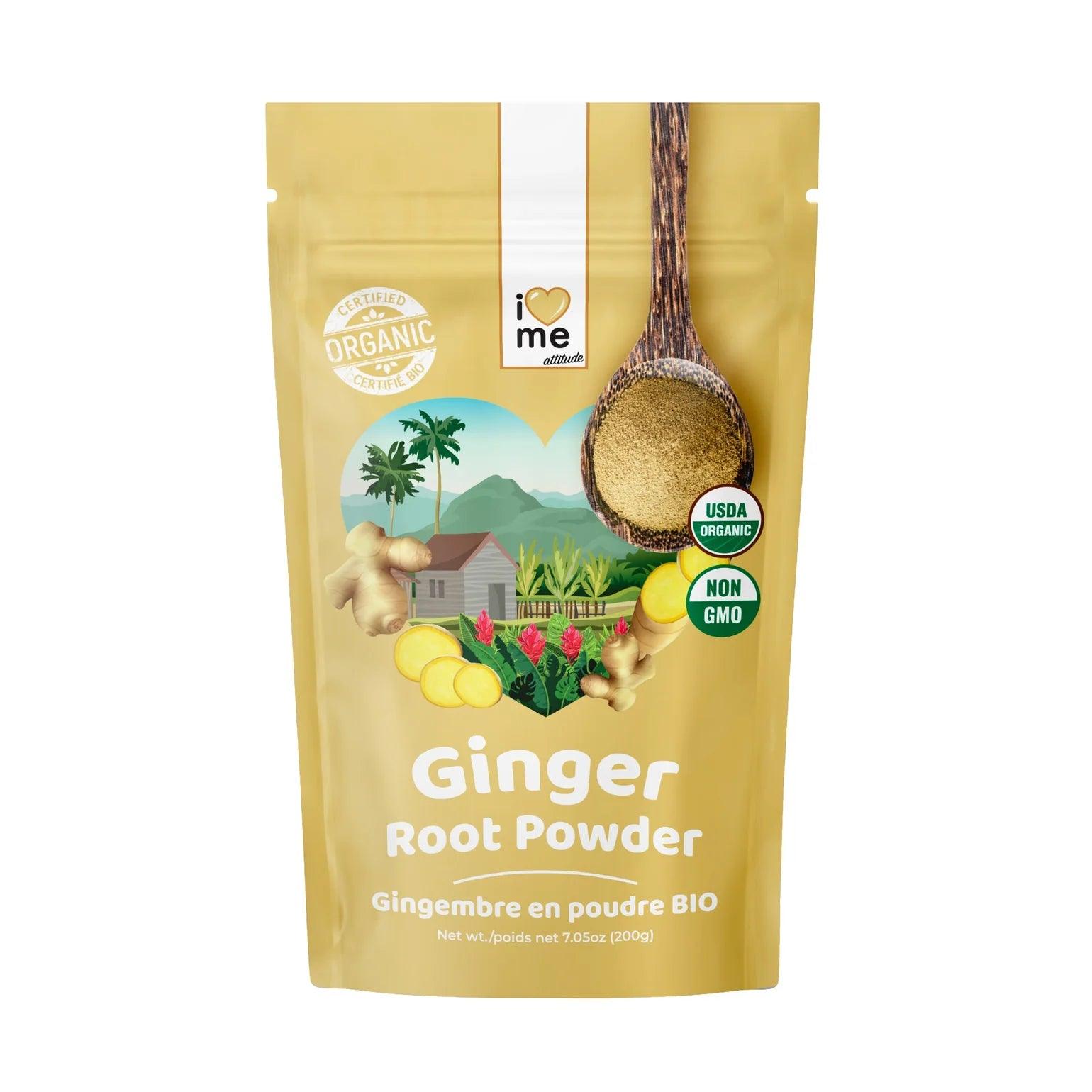 Organic ginger powder in a 200g package from ILOVEME, showing the light brown, finely ground ginger in a clear container.