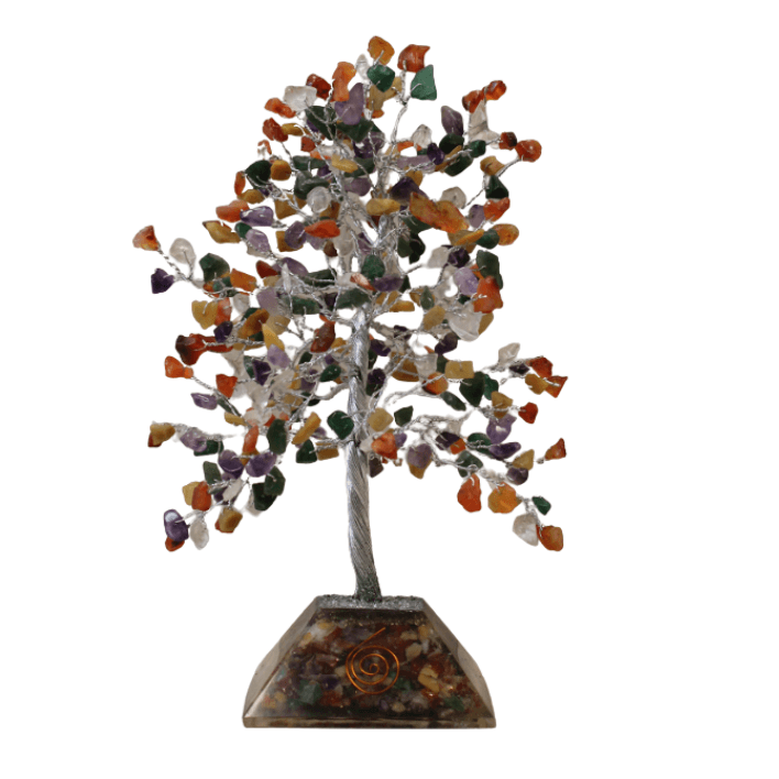Green gemstone tree with 320 stones on orgonite base, crafted by AW GIFTS, decorative accessory for positive energy and home decor.