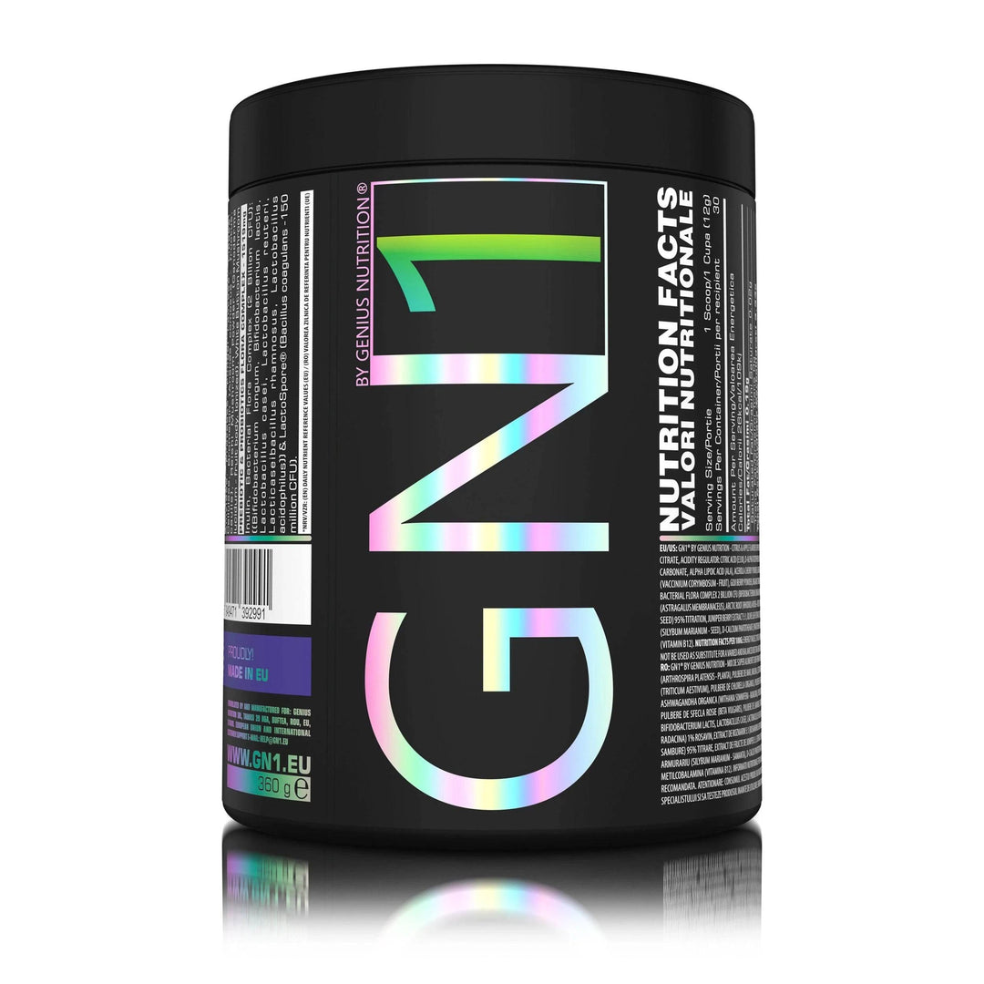 Genius Nutrition GN1 supplement in 360g container with apple citrus flavor, featuring green and white packaging and fresh fruit imagery