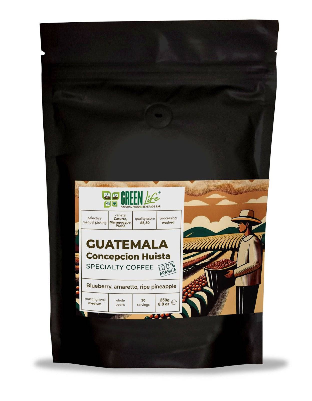 Green Guatemala Concepcion Huista Coffee from LA TOSTERIA, 250g, showing fresh green coffee beans in a rustic bag.