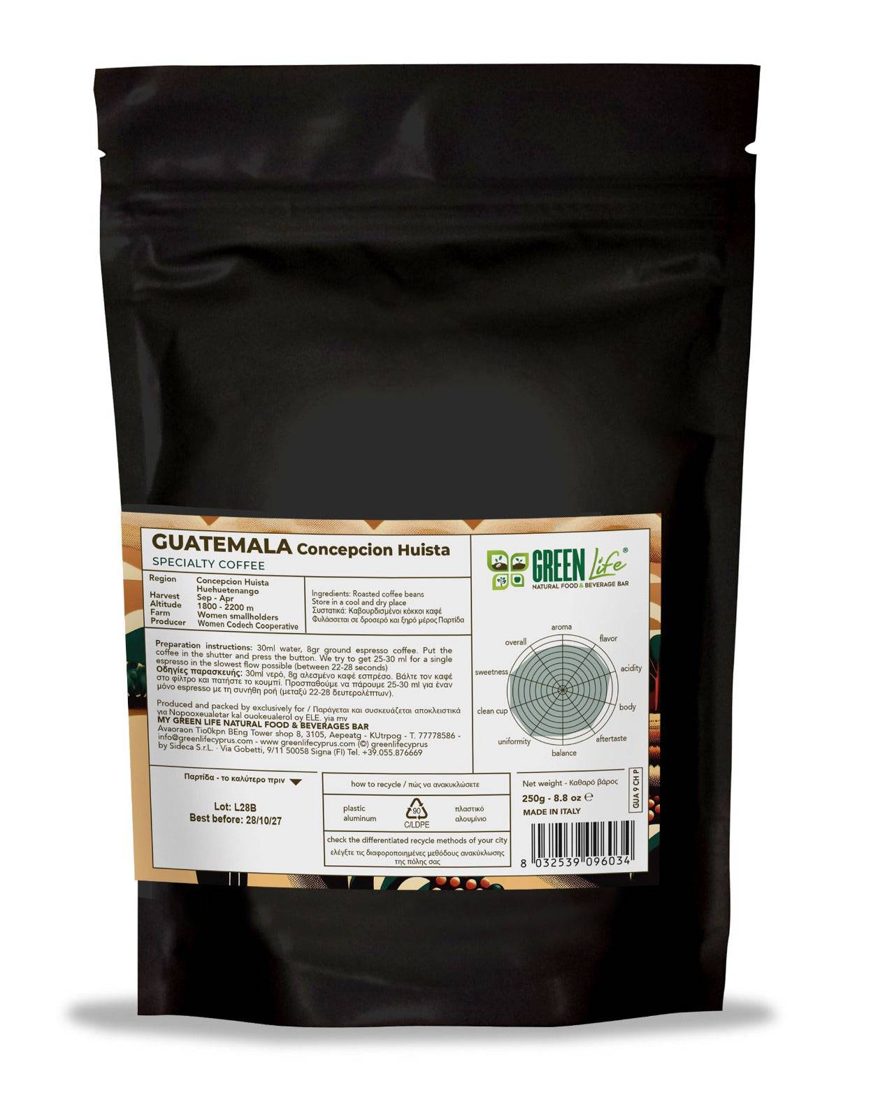Bright green coffee beans from Guatemala Concepcion Huista, part of LA TOSTERIA's Green Life Specialty Coffee 250g package.