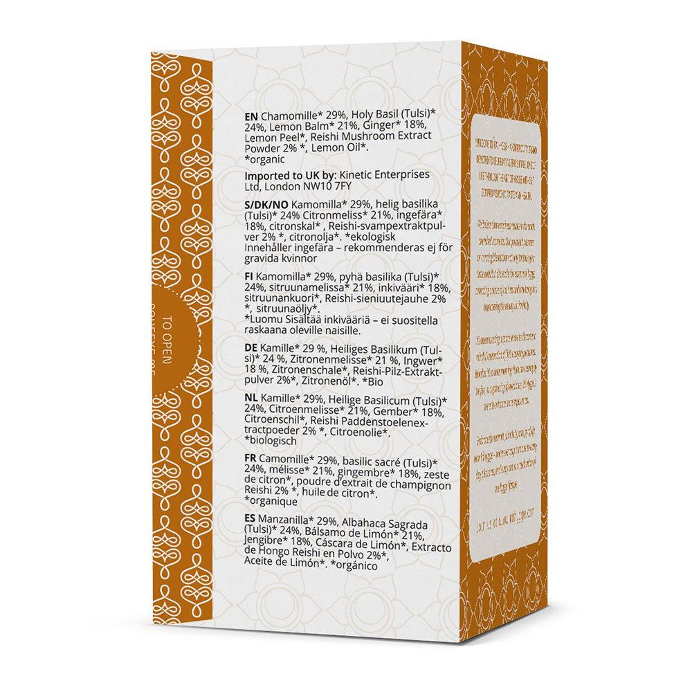 Herbalistas RA Hygge BIO Hygge Harmony herbal tea with Reishi in a box of 16 tea bags, featuring calming packaging design.