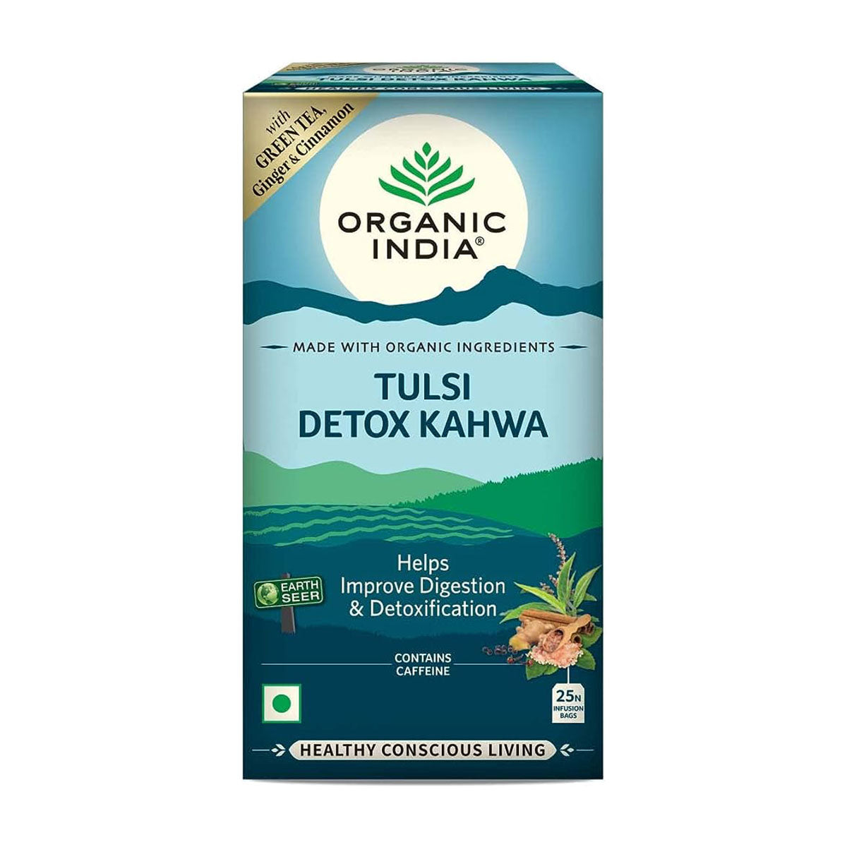 Organic India, Tulsi Detox Kahwa, содержит кофеин, 25 пакетиков для инфузии 