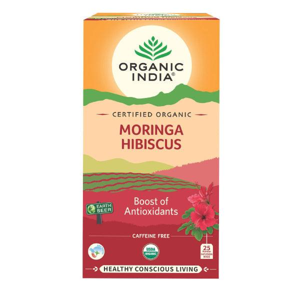 Organic India BIO Moringa & Hibiscus herbal infusion bags, vibrant dried herbs in a clear package, ready for brewing a healthy tea.