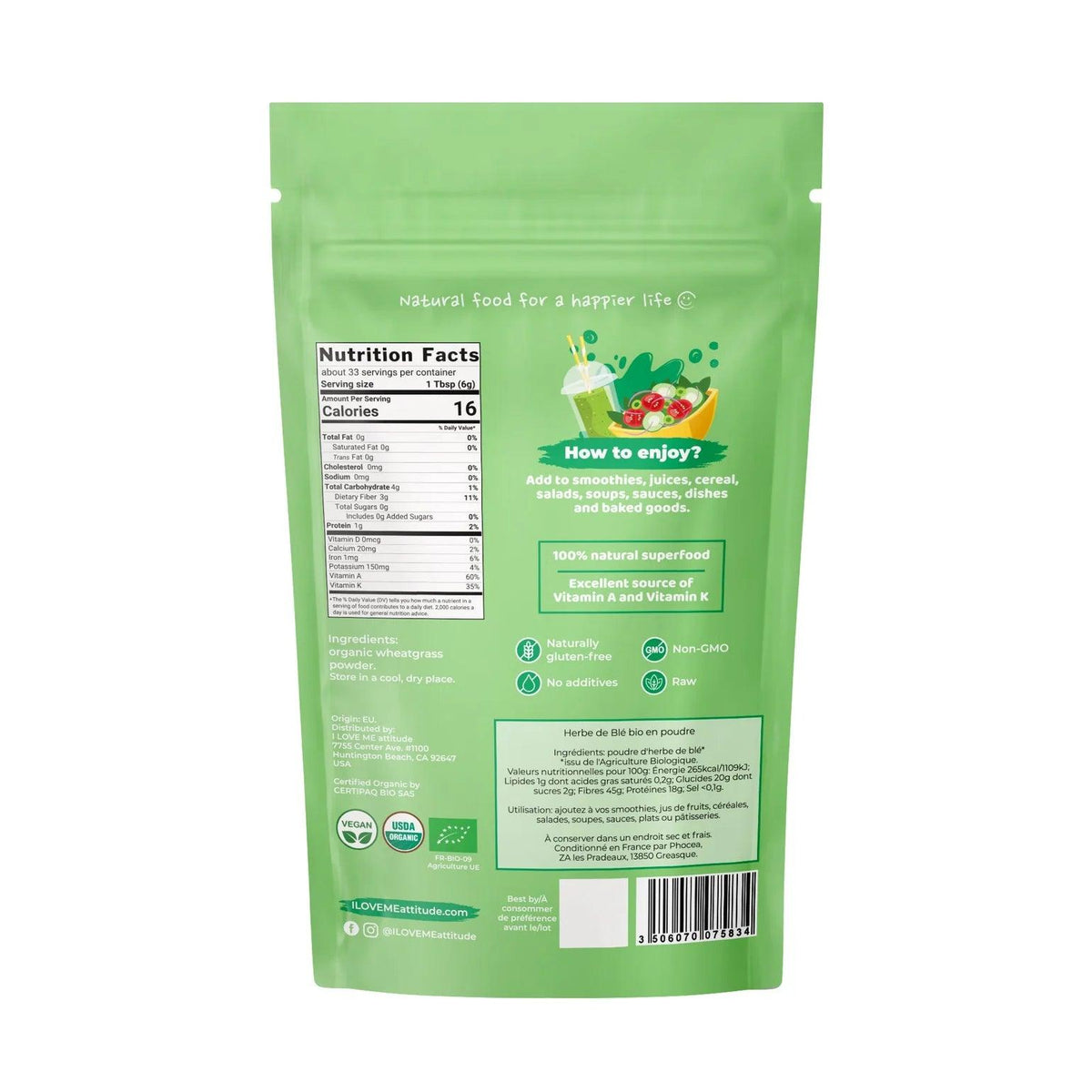Organic wheatgrass powder by ILOVEME in a 200g container, featuring fresh green wheatgrass in a natural setting.