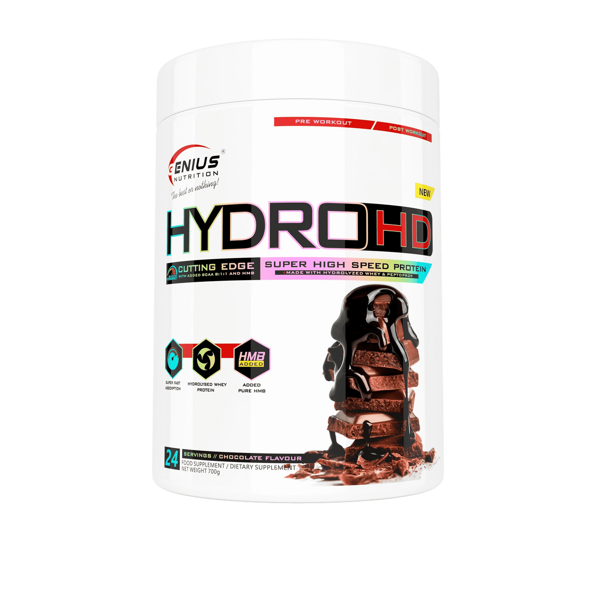 Hydro-HD protein powder by Genius Nutrition in 700g container, showing the supplement container on a plain background.
