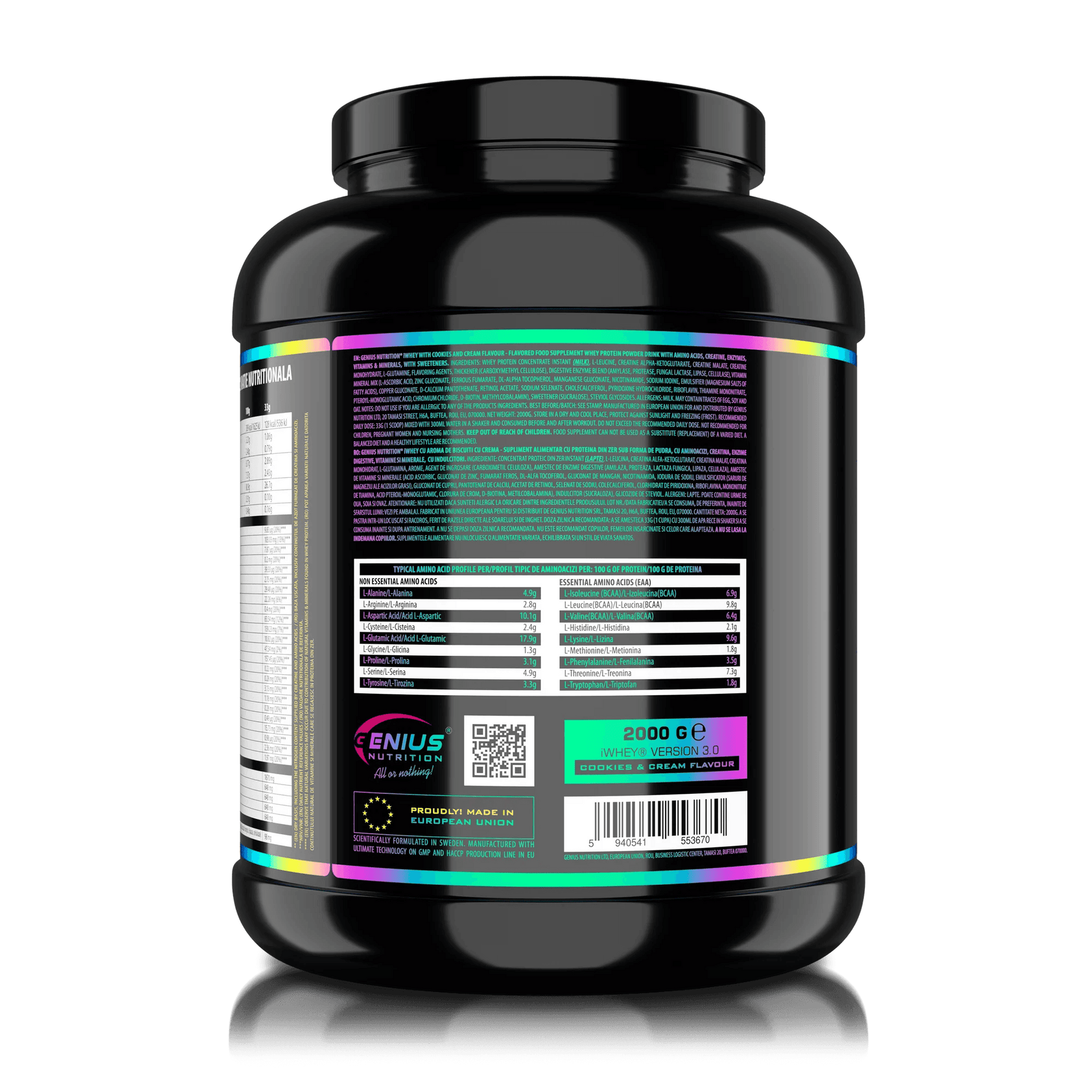Genius Nutrition iWHEY protein powder in Cookies and Cream flavor, 2000g jar with nutritional label and scoop included.
