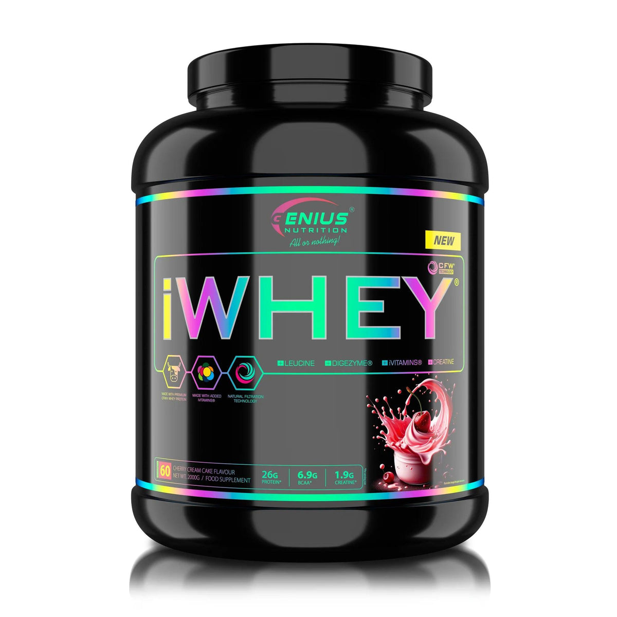 Genius Nutrition iWHEY protein powder in Cherry Cream Cake flavor, 2000g container with 60 servings.