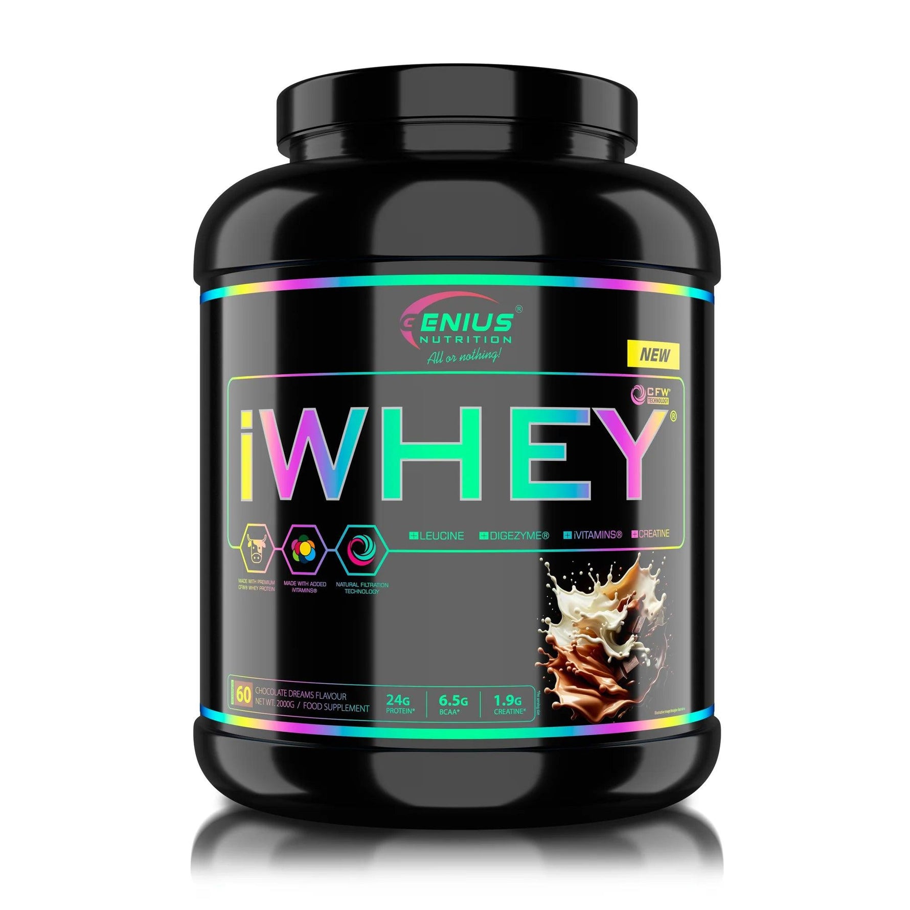 Genius Nutrition iWHEY protein powder in chocolate flavor, 2000g container with 60 servings, close-up of packaging and label.