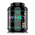 Genius Nutrition iWHEY Cookies and Cream protein powder 2000g jar with scoop, showing the product packaging and label.