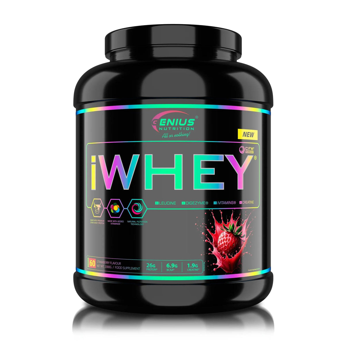 Genius Nutrition iWHEY protein powder in a 2000g container with strawberry flavor, showing the label and packaging.