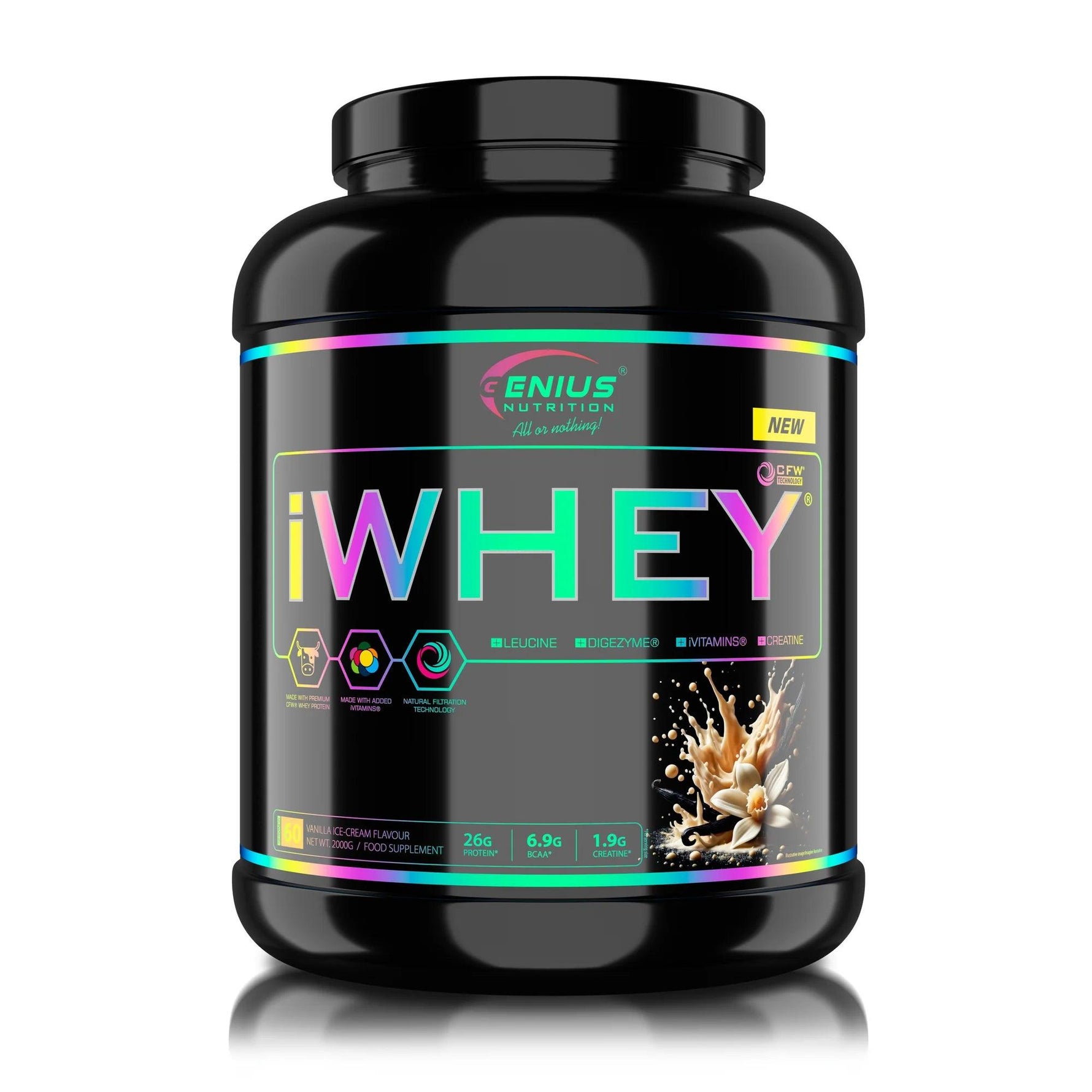 Genius Nutrition iWHEY protein powder vanilla ice cream flavor in 2000g container with 60 servings, creamy and smooth texture.