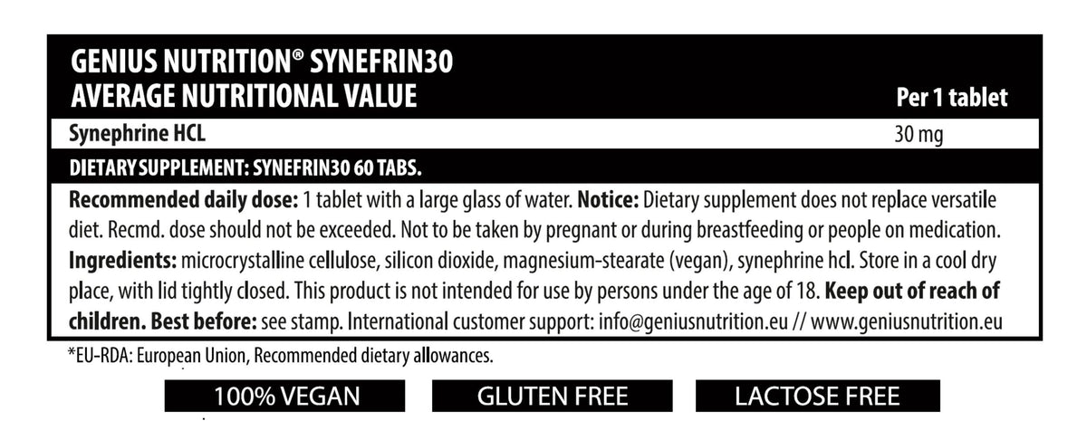 Genius Nutrition SYNEFRIN30 supplement bottle with 60 tablets, dietary supplement for energy and focus.