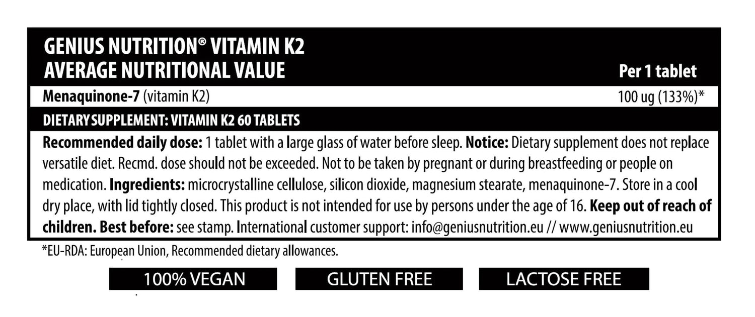 Genius Nutrition Vitamin K2 supplement bottle with 60 tablets, showing the label and product packaging.