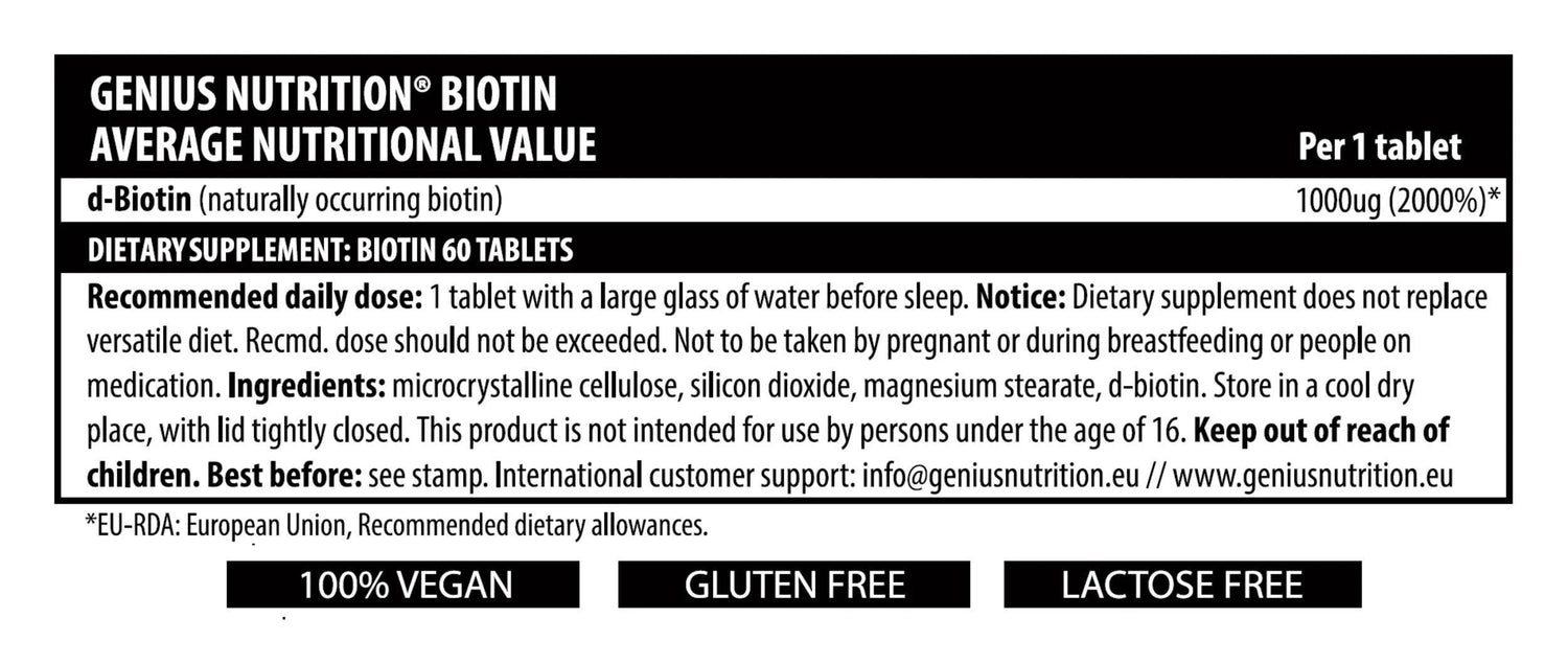 Genius Nutrition Biotin B7 supplement bottle with 60 tablets, dietary supplement for healthy hair, skin, and nails.
