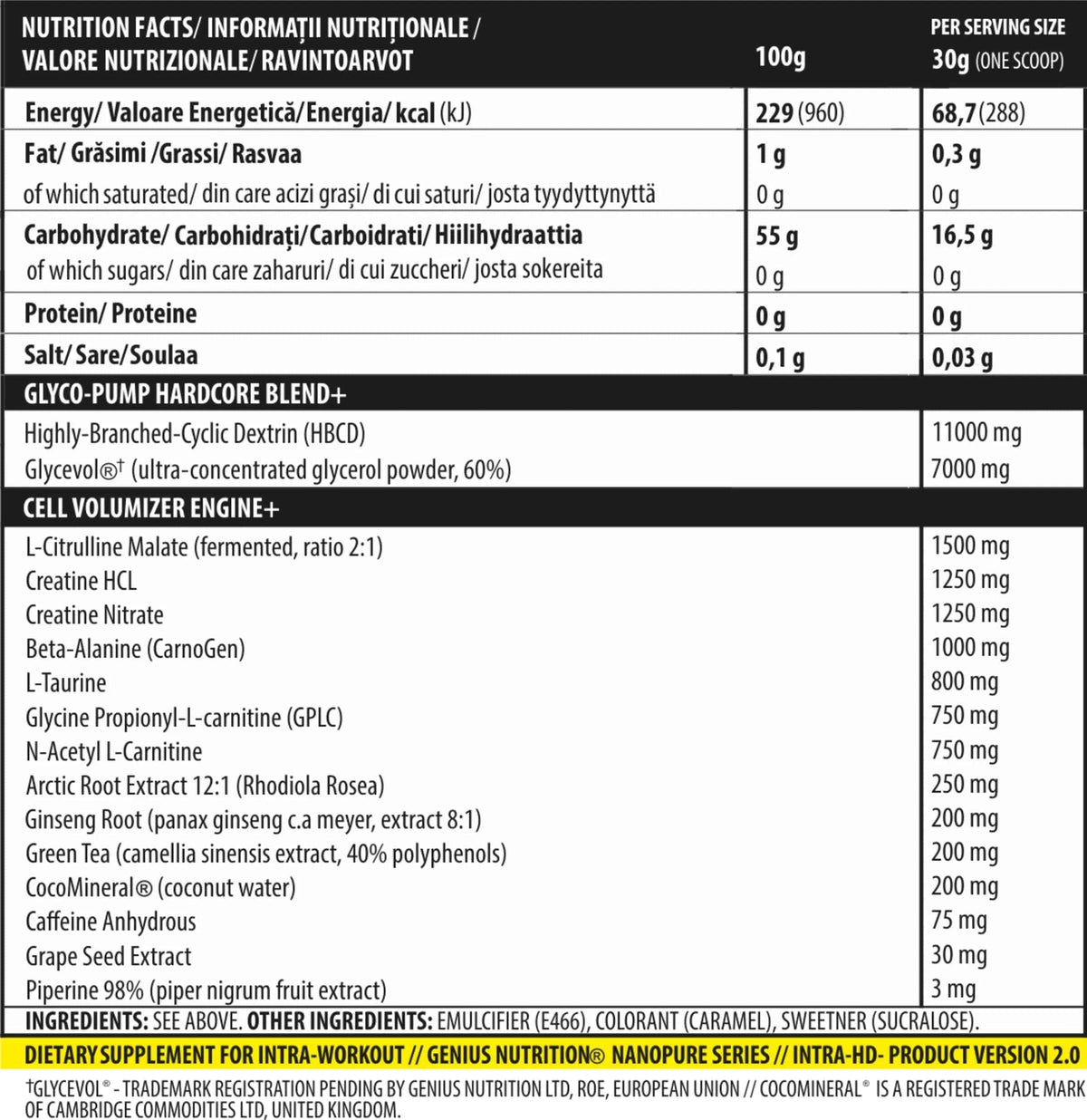 Genius Nutrition INTRA-HD supplement container with 750g label, showing powder and product details on the packaging.