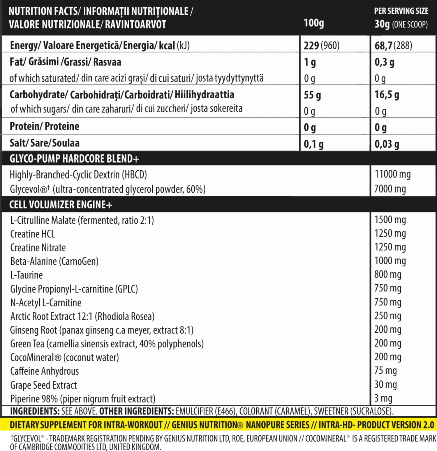 Genius Nutrition INTRA-HD supplement container with 750g label, showing powder and product details on the packaging.