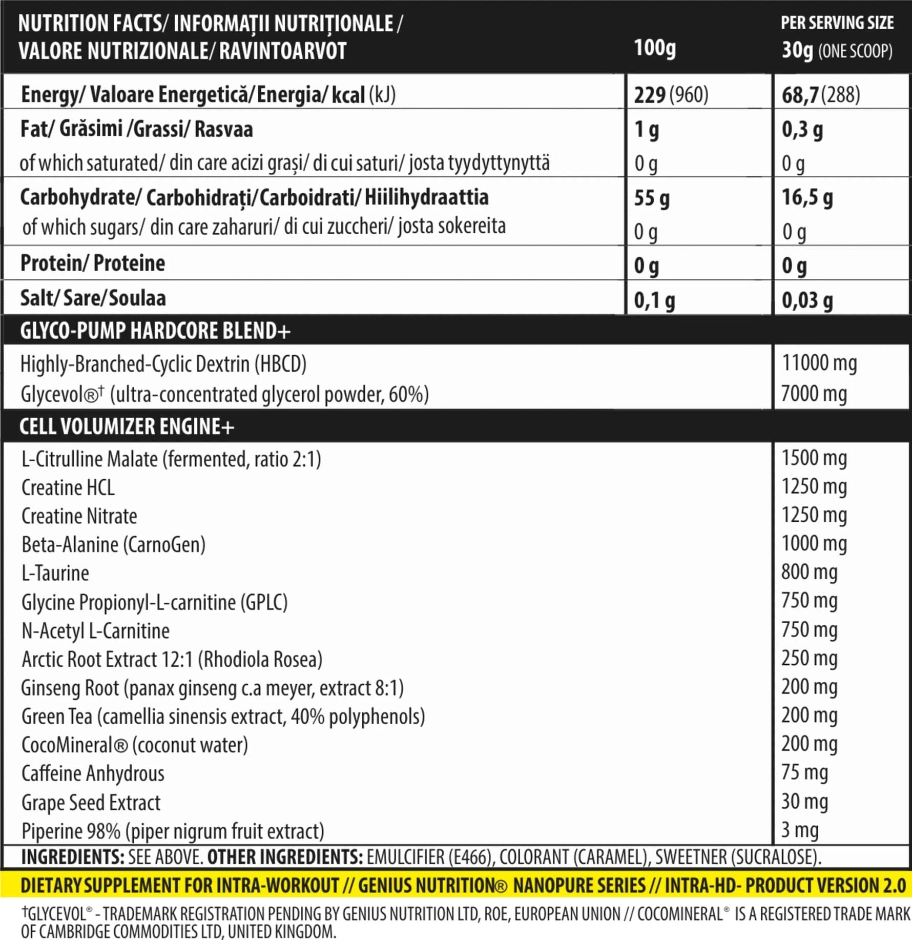 Genius Nutrition INTRA-HD supplement container with 750g label, showing powder and product details on the packaging.