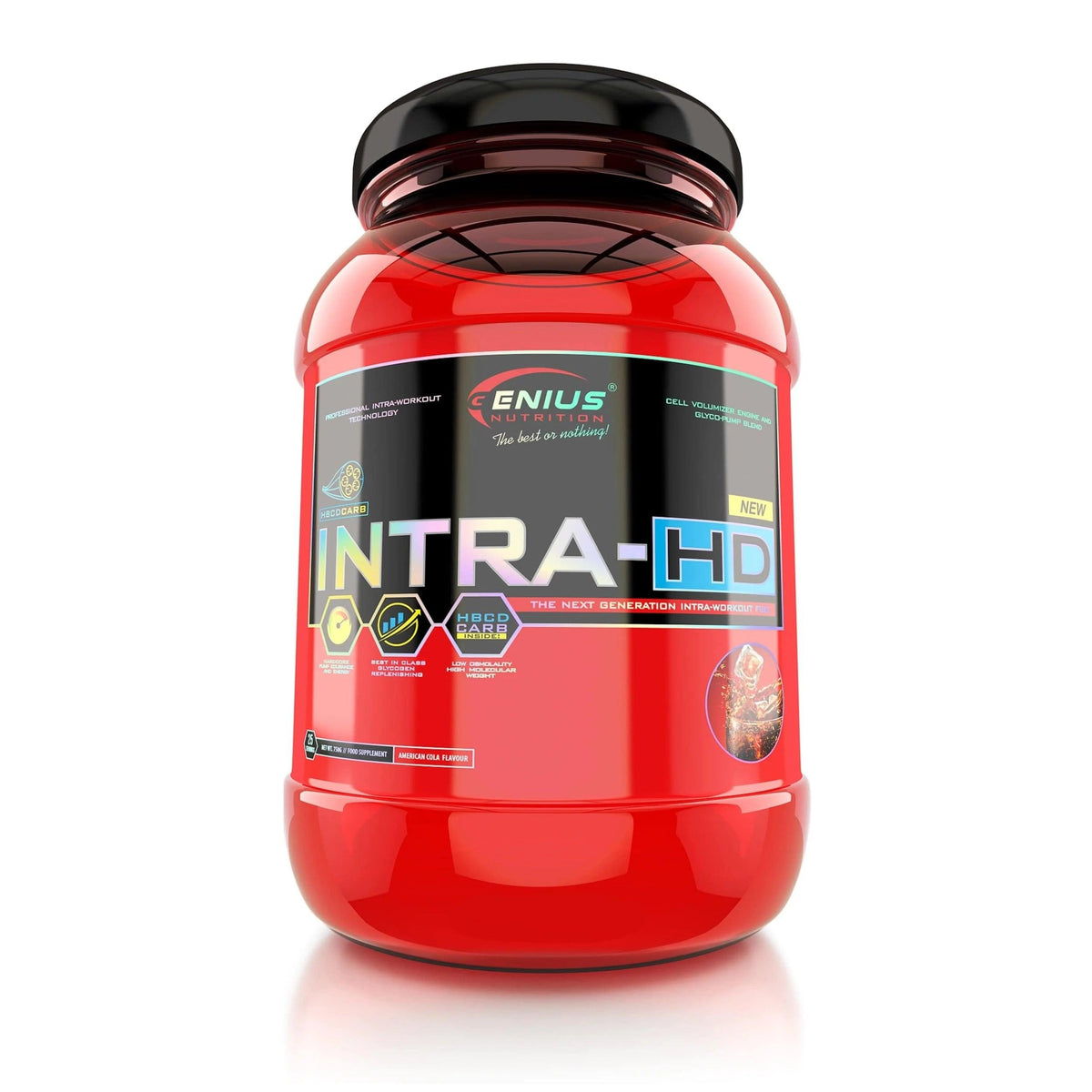Genius Nutrition INTRA-HD supplement jar with 750g label, showing the product container and branding for intra-hdd protein supplement