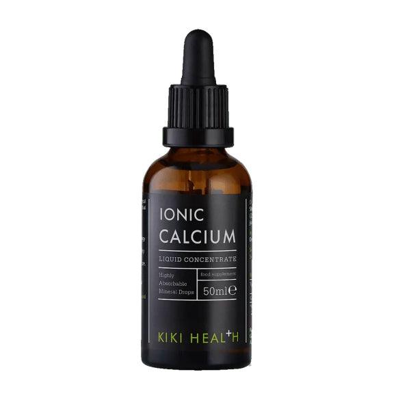 Bottle of Kiki Health Ionic Calcium Liquid Concentrate supplement from Herbalistas, with a clear dropper and label on a white background.