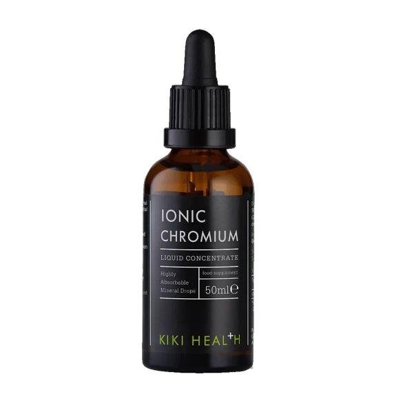Herbalistas Kiki Health Ionic Chromium Liquid Concentrate supplement bottle in 50ml container with label and dropper cap.