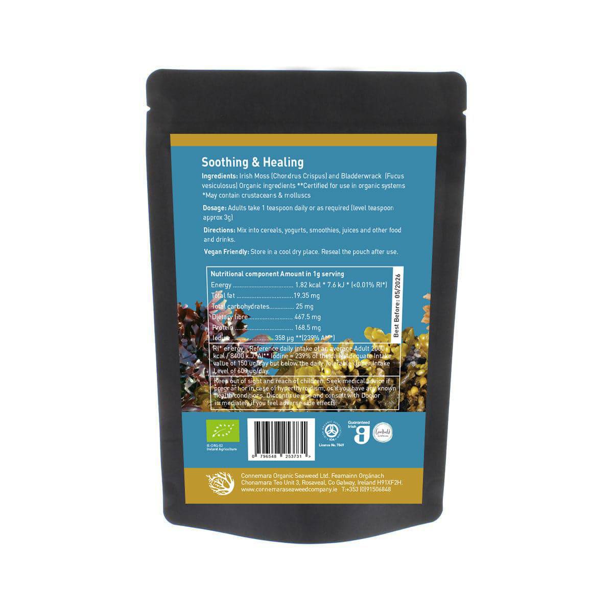 Back view of 50g package of OLD PRODUCTS Connemara BIO Irish Seamoss and Bladderwrack Powder showing the label and product packaging.
