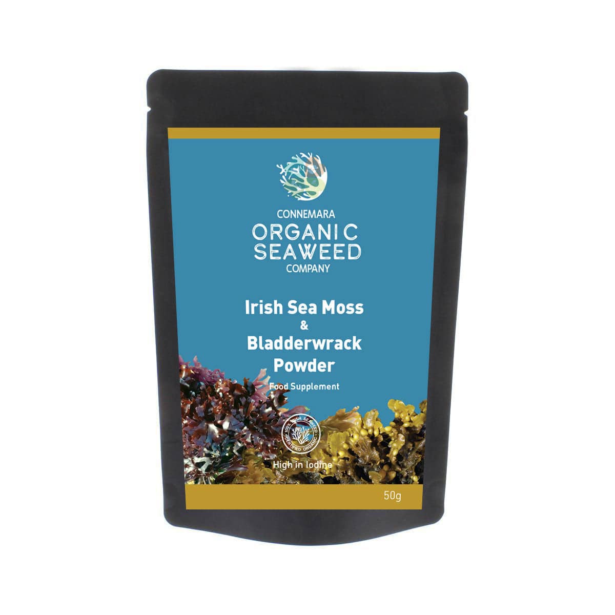 Bio Irish Seamoss and Bladderwrack powder from OLD PRODUCTS, 50g, showing the green sea moss and brown bladderwrack in a jar.