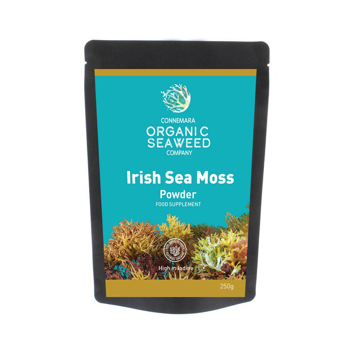 Herbalistas Connemara BIO Irish Sea Moss Powder in 250g jar, showing the fine greenish sea moss powder on a white background.