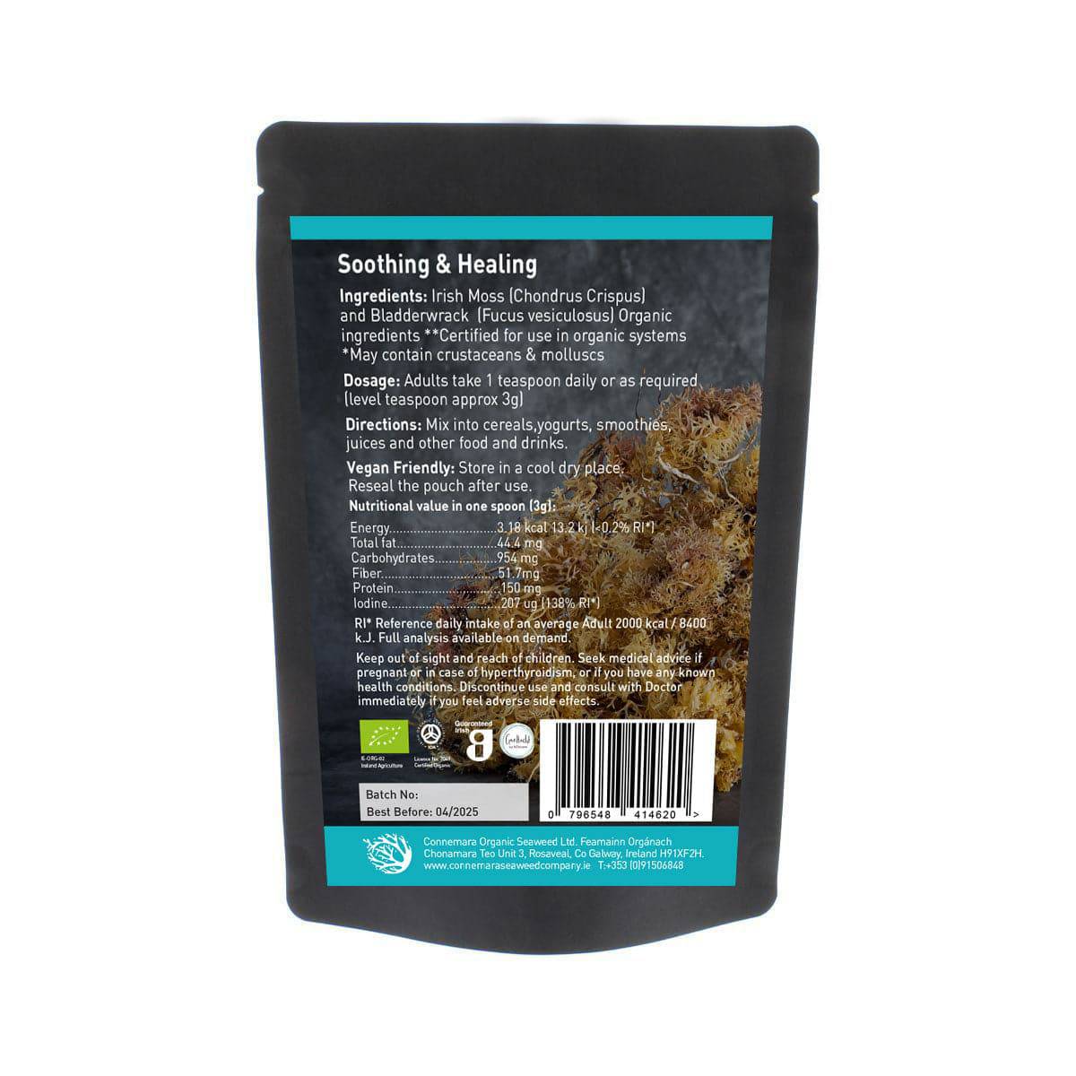 Herbalistas Connemara BIO Irish Sea Moss Powder in 50g package, showing the back label and product details.