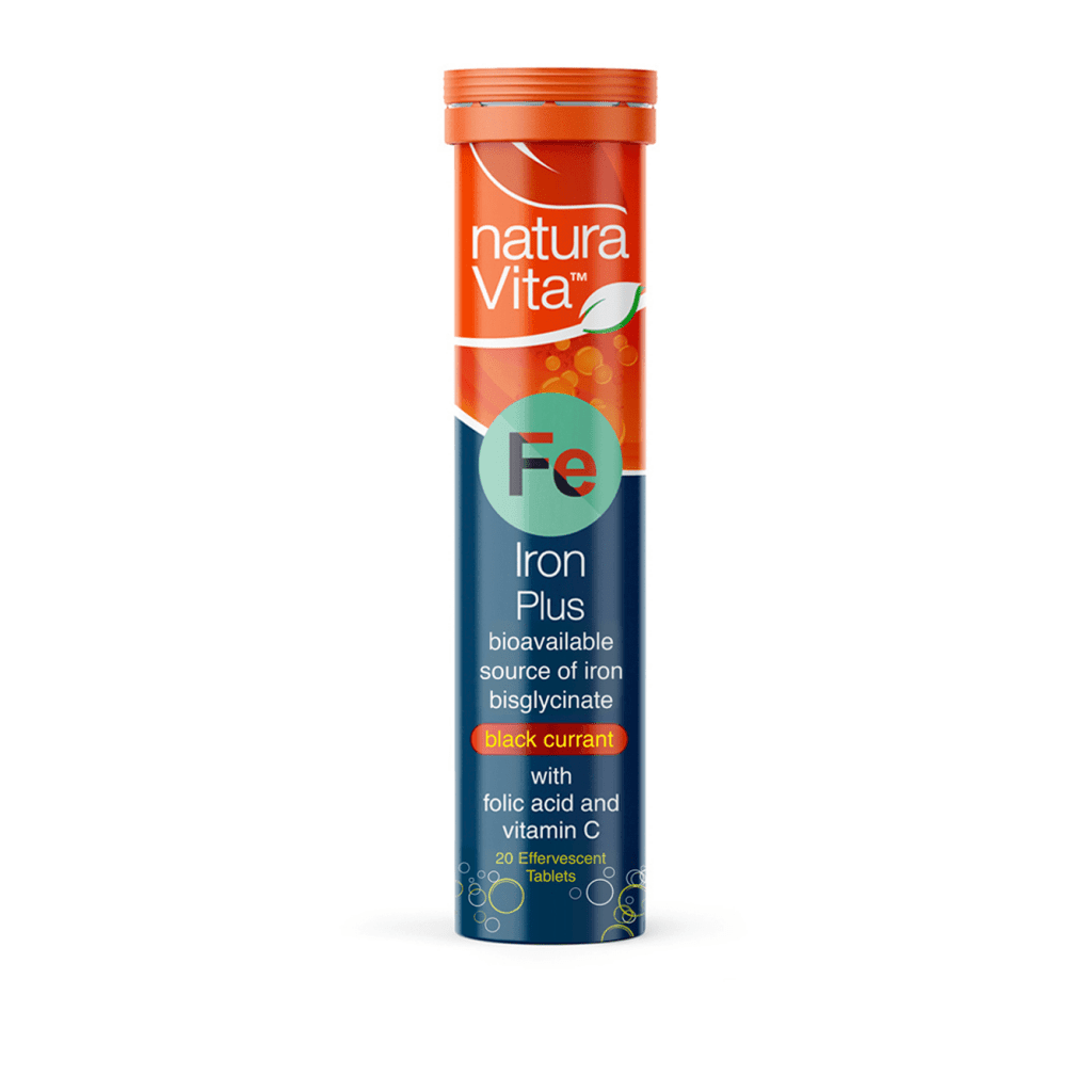 MKSTAVRINOS Iron plus Folic Acid and Vitamin C supplement bottle, showing the product label and packaging details.