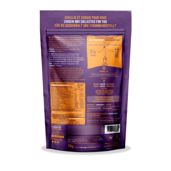 Iswari BIO Acai Powder supplement in 70g package, gluten-free, with a close-up view of the purple acai berry powder.