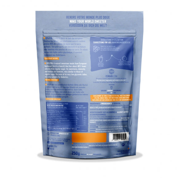 Iswari BIO Xylitol superfood powder in a 250g package, featuring acai berry and gluten-free sugar alternative.