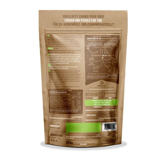 Iswari BIO Psyllium Husk superfood in 125g package, gluten-free, with a background featuring acai powder and natural elements.