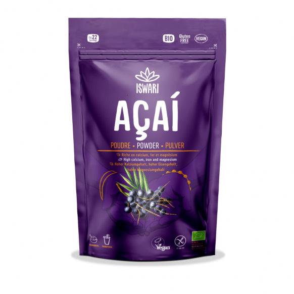 Iswari BIO acai powder supplement in 70g package, gluten-free, shown in front view with vibrant purple acai powder.