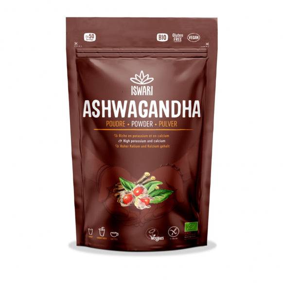 Iswari BIO Ashwagandha Powder supplement in 150g package, gluten-free, shown in a clear front view with the product label visible.