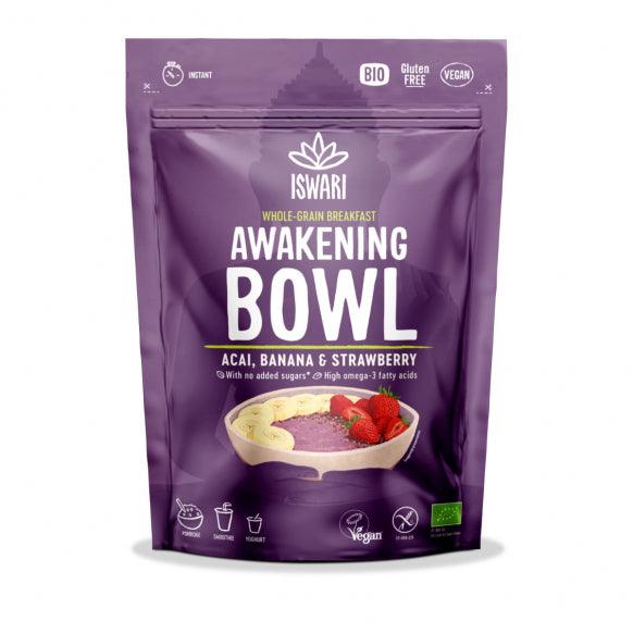Iswari BIO Awakening Bowl supplement with acai, banana, and strawberry powder in a 360g package, front view.