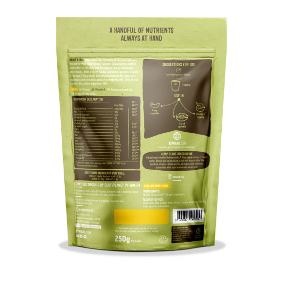 Herbalistas Iswari BIO Hemp Seeds superfood package showing hemp seeds in a clear view, gluten-free, 250g.