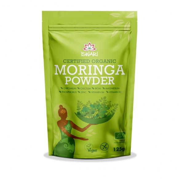 Old Products Iswari BIO Moringa Powder supplement in 125g package, gluten-free, with a front view of the green powder container.