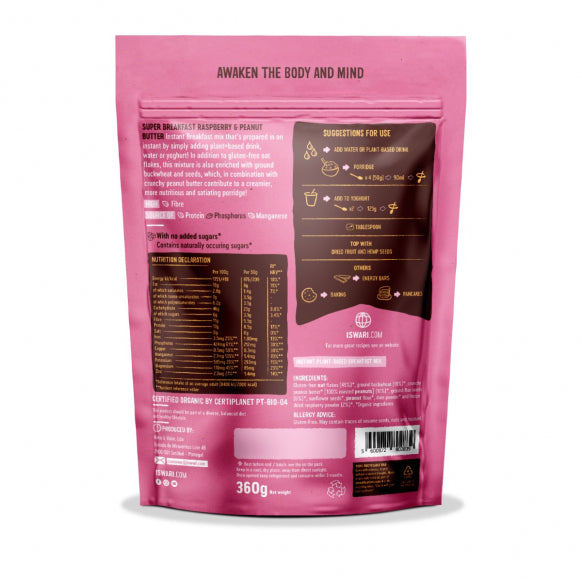 Iswari BIO Super Breakfast powder with raspberry and peanut butter, gluten-free energy blend in a 360g package.