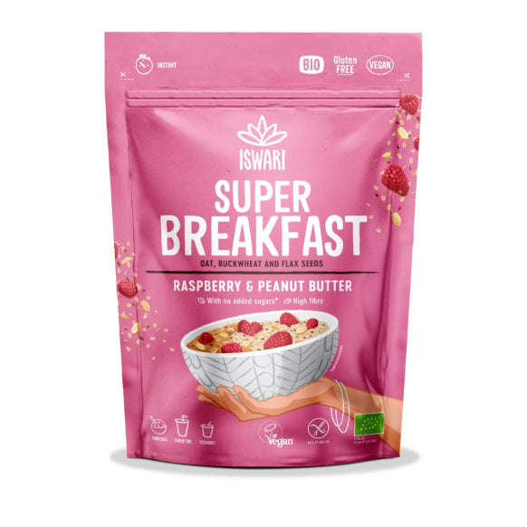 Iswari BIO Super Breakfast energy powder with raspberry and peanut butter flavor, gluten-free, 360g jar, shown from the front.
