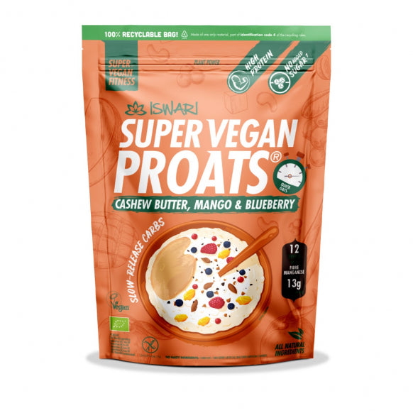 Iswari, BIO Super Vegan Proats, Βούτυρο Κάσιους, Μάνγκο &amp; Μύρτιλο, Χωρίς γλουτένη, 750 γρ.